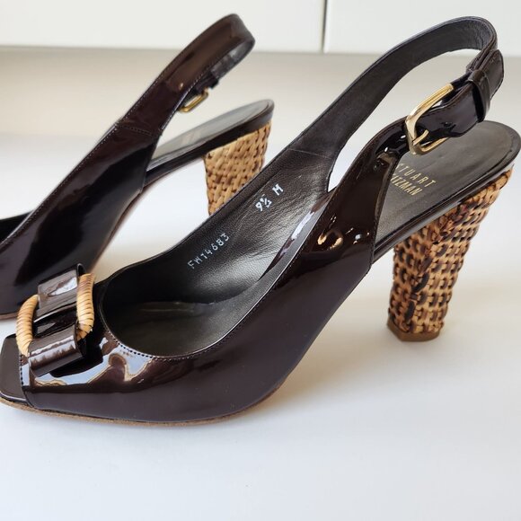 Stuart Weitzman Brown Patent Leather Slingback Heels Woven Block Heel Bows 9.5 M - Picture 6 of 15